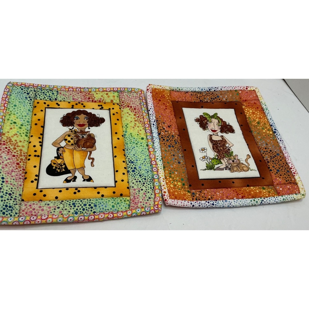 Vintage Style Quilted Hot Pads Whimsical Cat Lady Art Set of 2 8x9.5